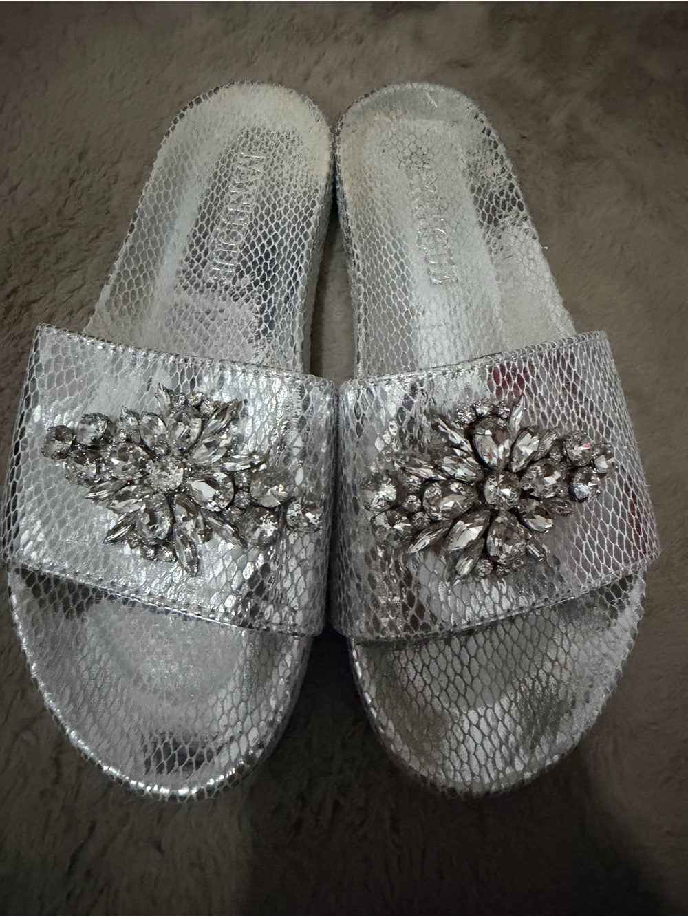 Silver Crystal Embellished Slide Sandals - Women